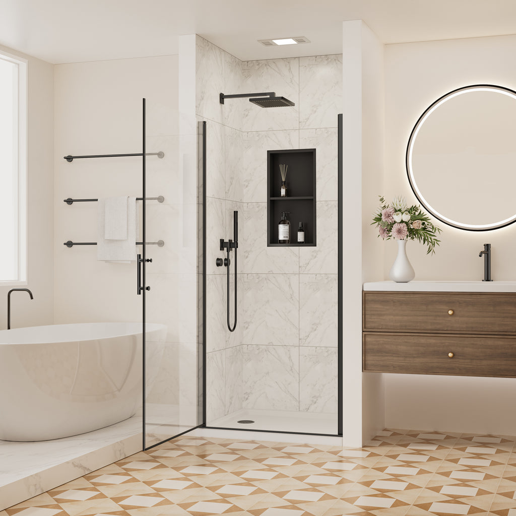 34-35 In. W X 72 In. H Frameless Pivot Swing Shower Door with Matte Black Frame and Nano-Coated Clear Tempered