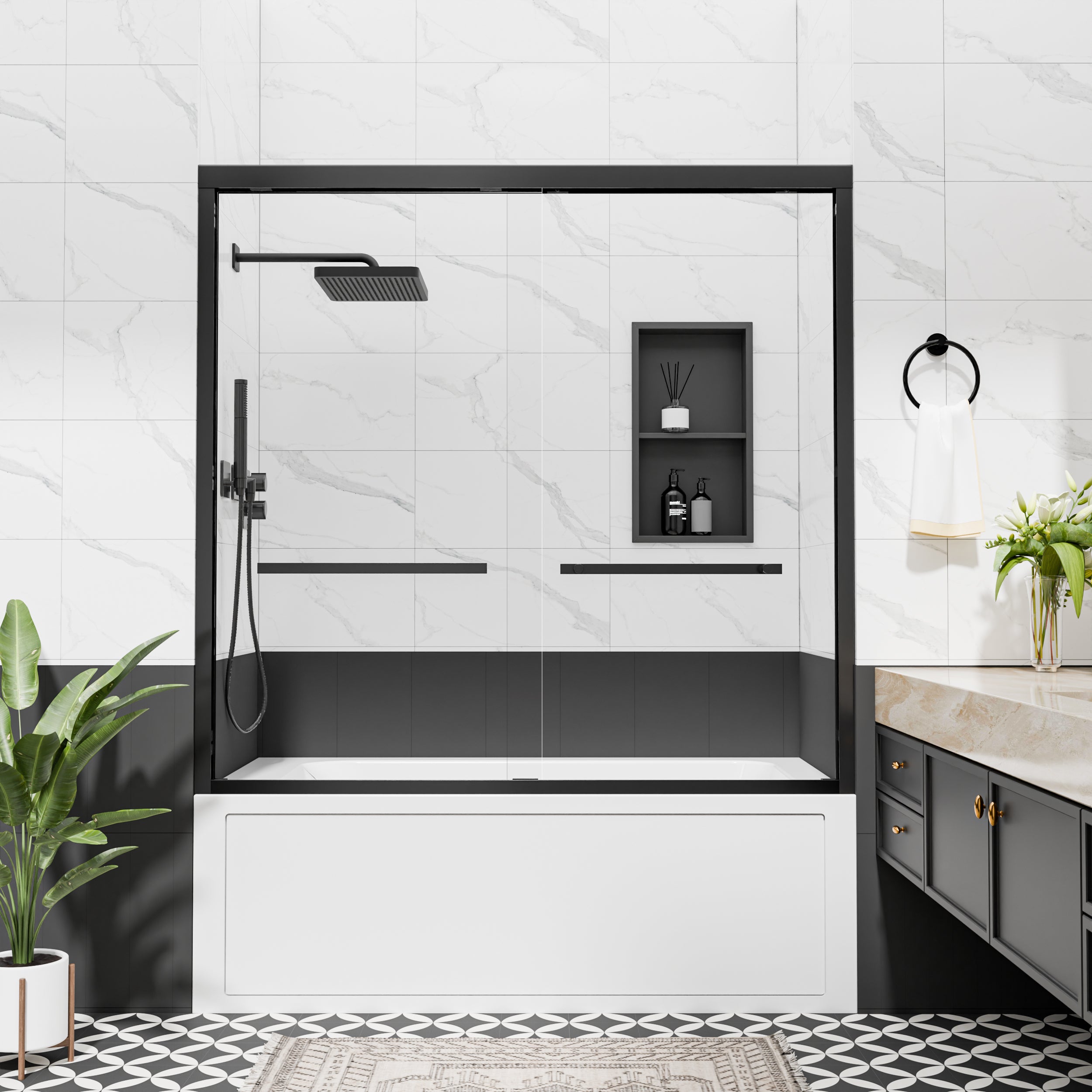 56"–60" x 58" Framed Sliding Bathtub Shower Door, Matte Black, 6mm Clear Tempered Glass, SGCC Certified