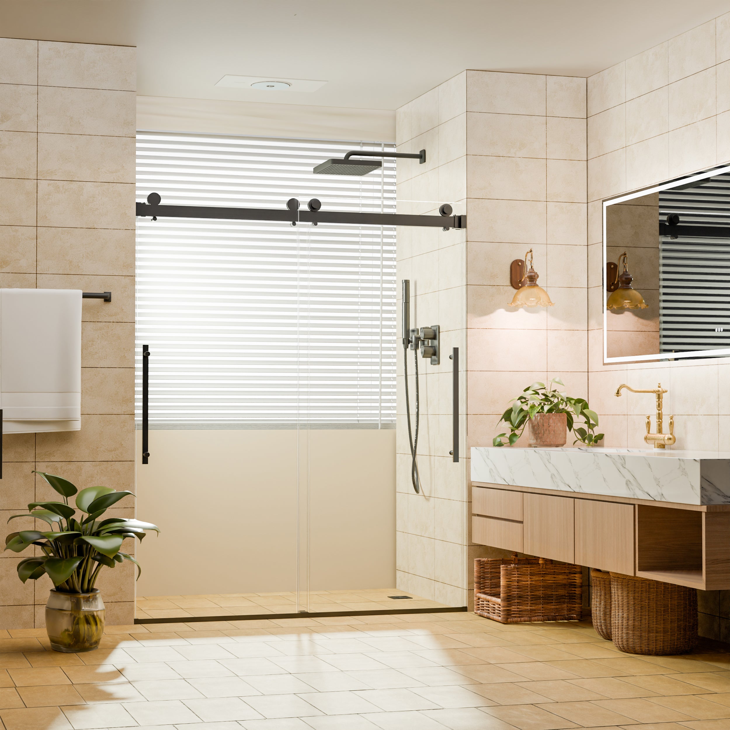 44–48" W x 74" H Semi-Frameless Double Sliding Shower Door, Matte Black, 1/4" Clear Tempered Glass