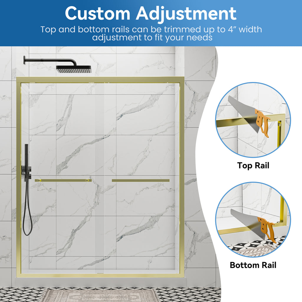 50"–54" x 72" Double Sliding Framed Shower Door, Brushed Gold, 6mm Clear Tempered Glass, SGCC Certified
