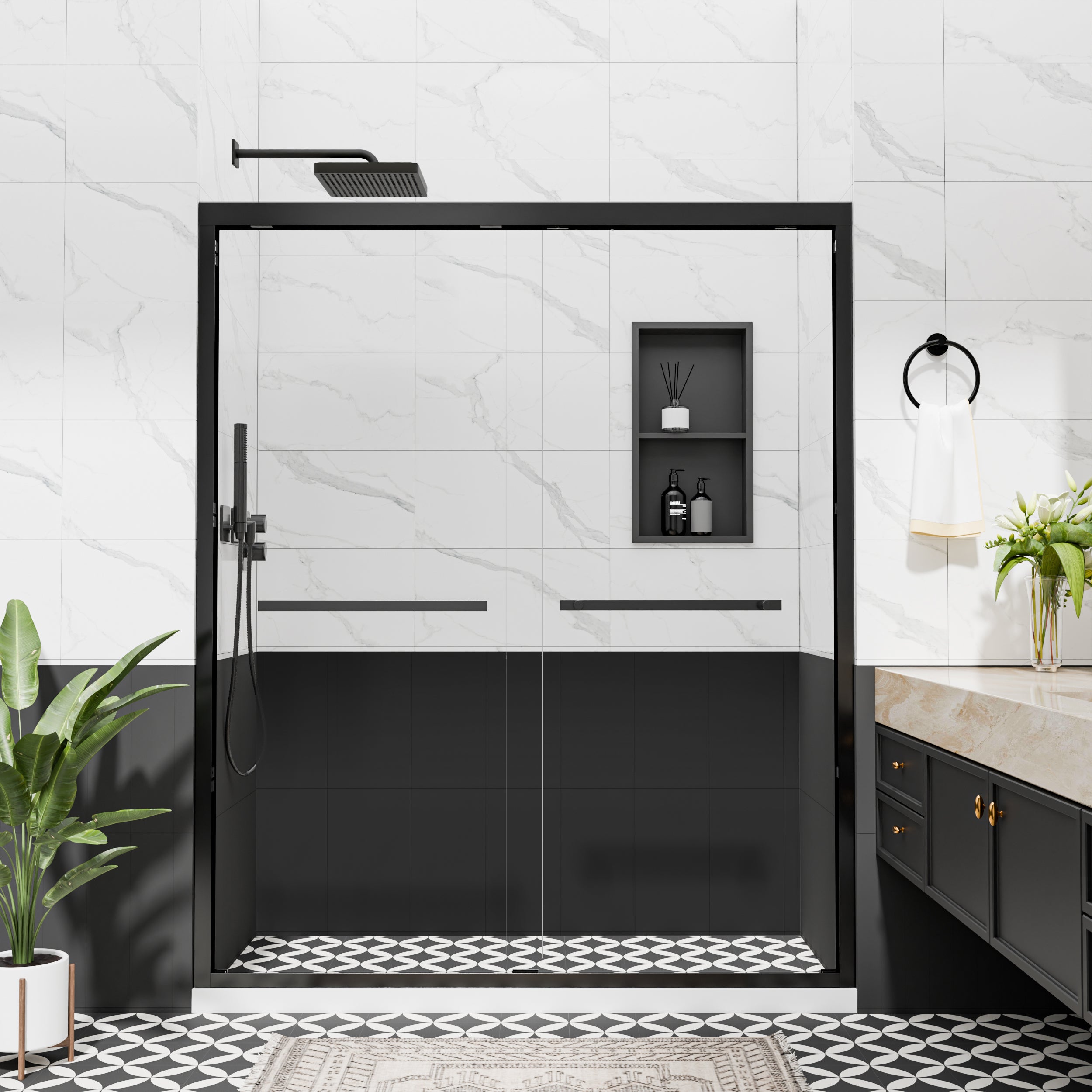 50"–54" x 72" Double Sliding Framed Shower Door, Matte Black, 6mm Clear Tempered Glass, SGCC Certified