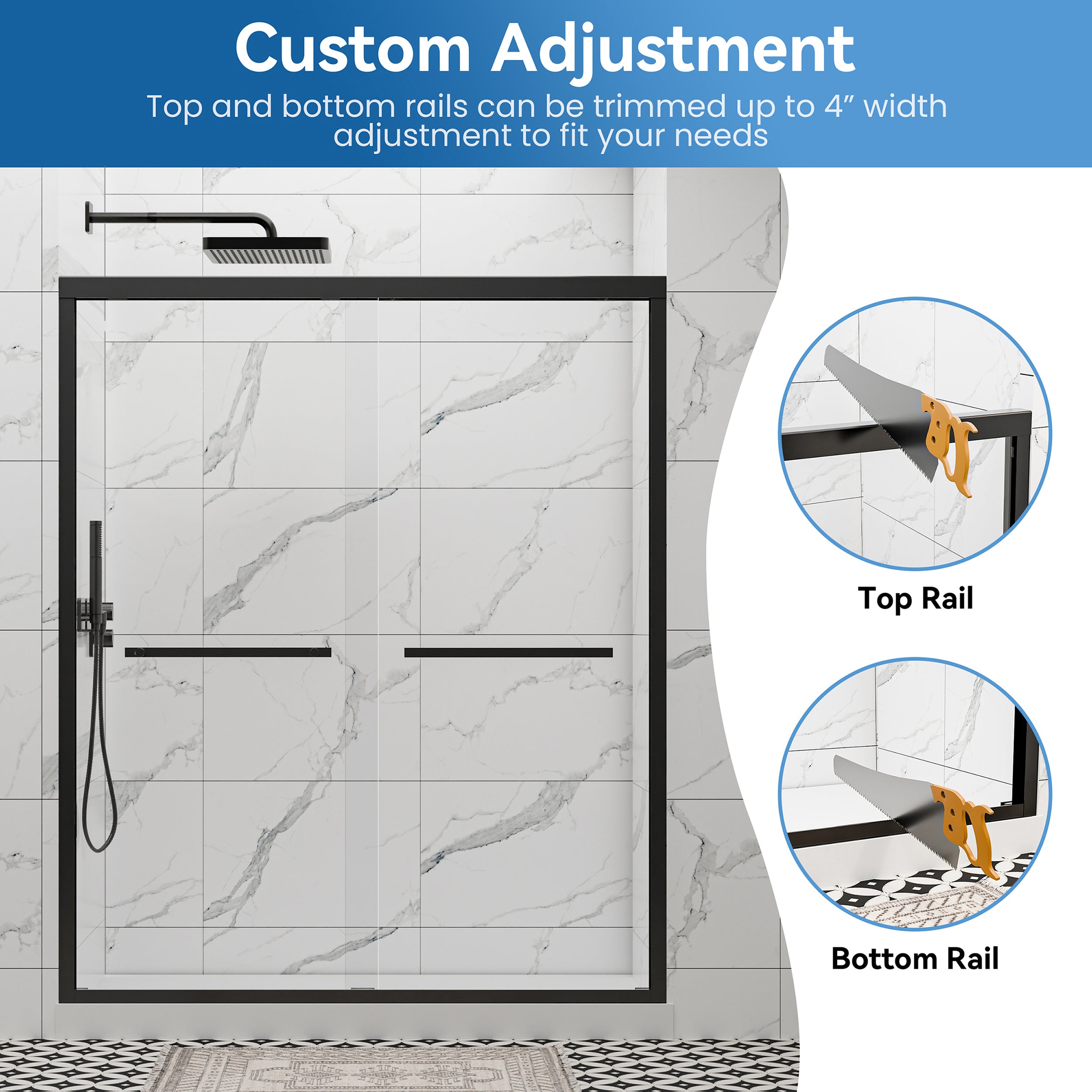 50"–54" x 72" Double Sliding Framed Shower Door, Matte Black, 6mm Clear Tempered Glass, SGCC Certified