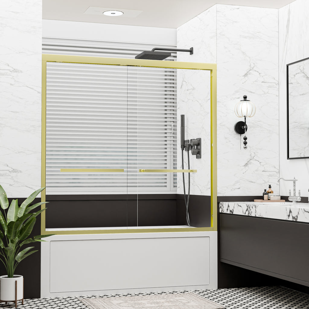 56"–60" x 58" Framed Sliding Bathtub Shower Door, Brushed Gold, 6mm Clear Tempered Glass, SGCC Certified