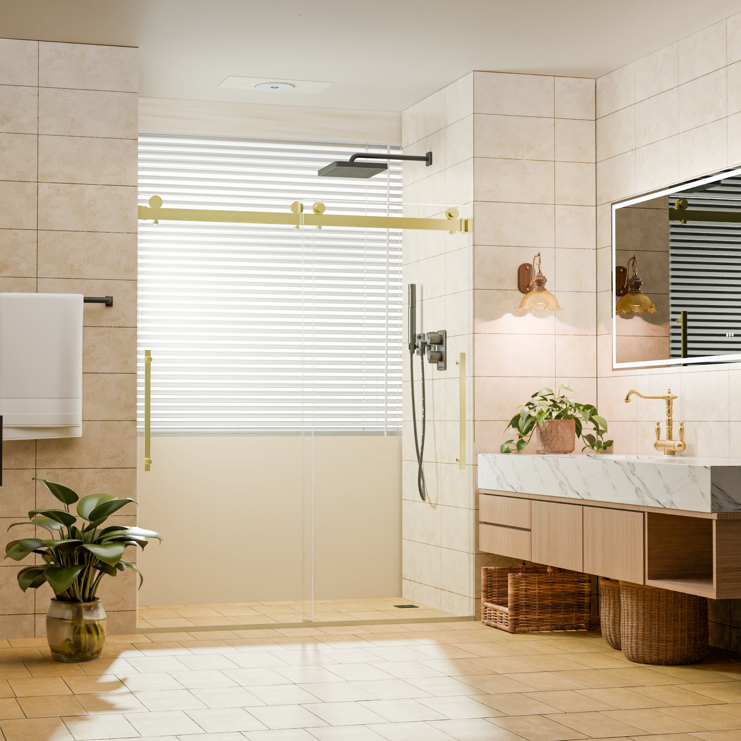 50–54" W x 74" H Semi-Frameless Double Sliding Shower Door, Brushed Gold, 1/4" Clear Tempered Glass
