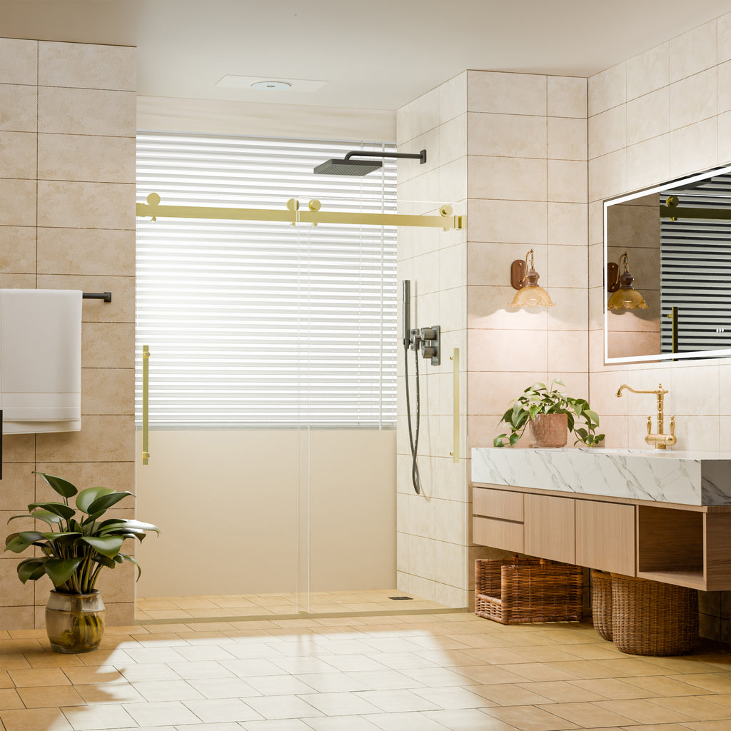 44–48" W x 74" H Semi-Frameless Double Sliding Shower Door, Brushed Gold, 1/4" Clear Tempered Glass