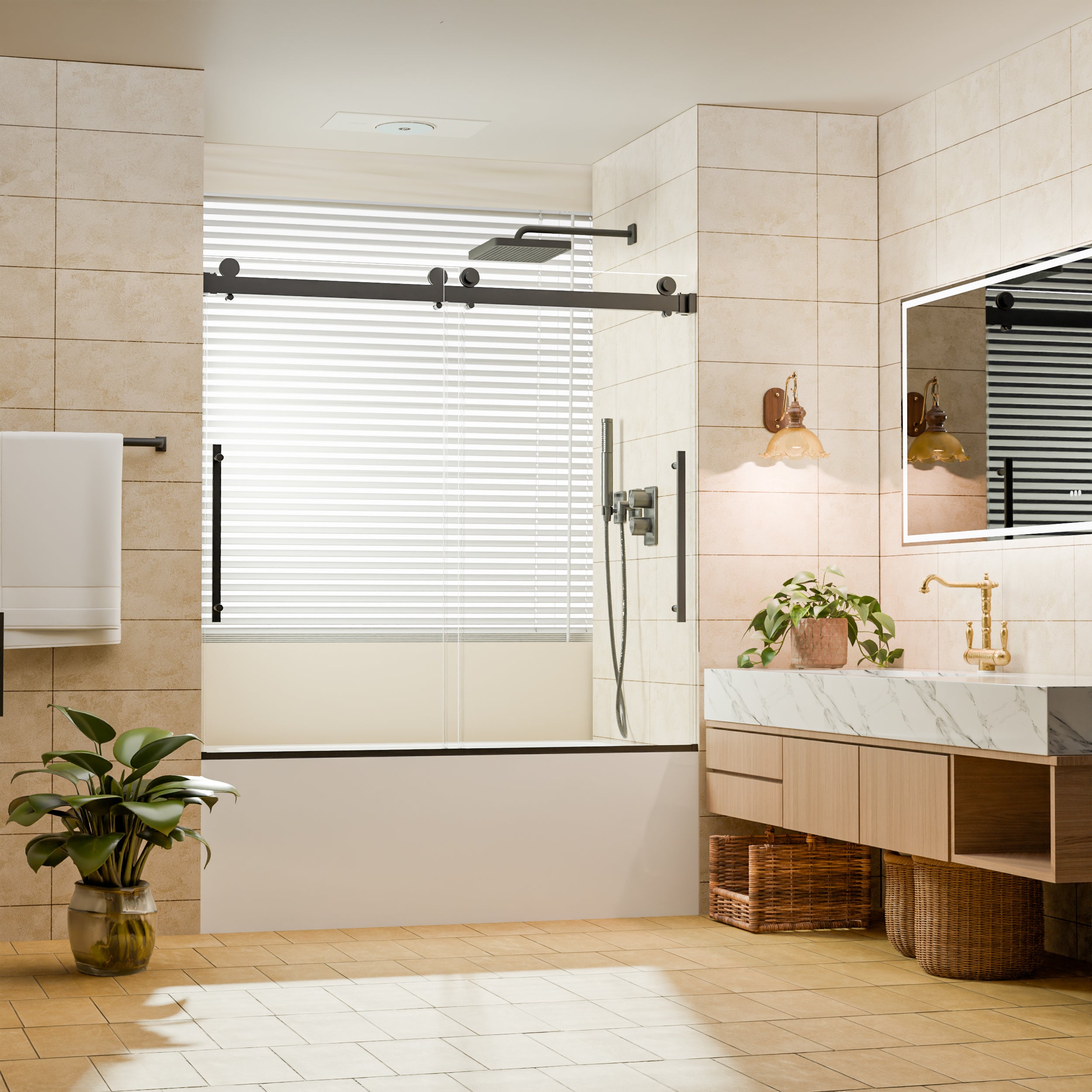56–60" W x 58" H Semi-Frameless Double Sliding Bathtub Shower Door, Matte Black, 1/4" Clear Tempered Glass