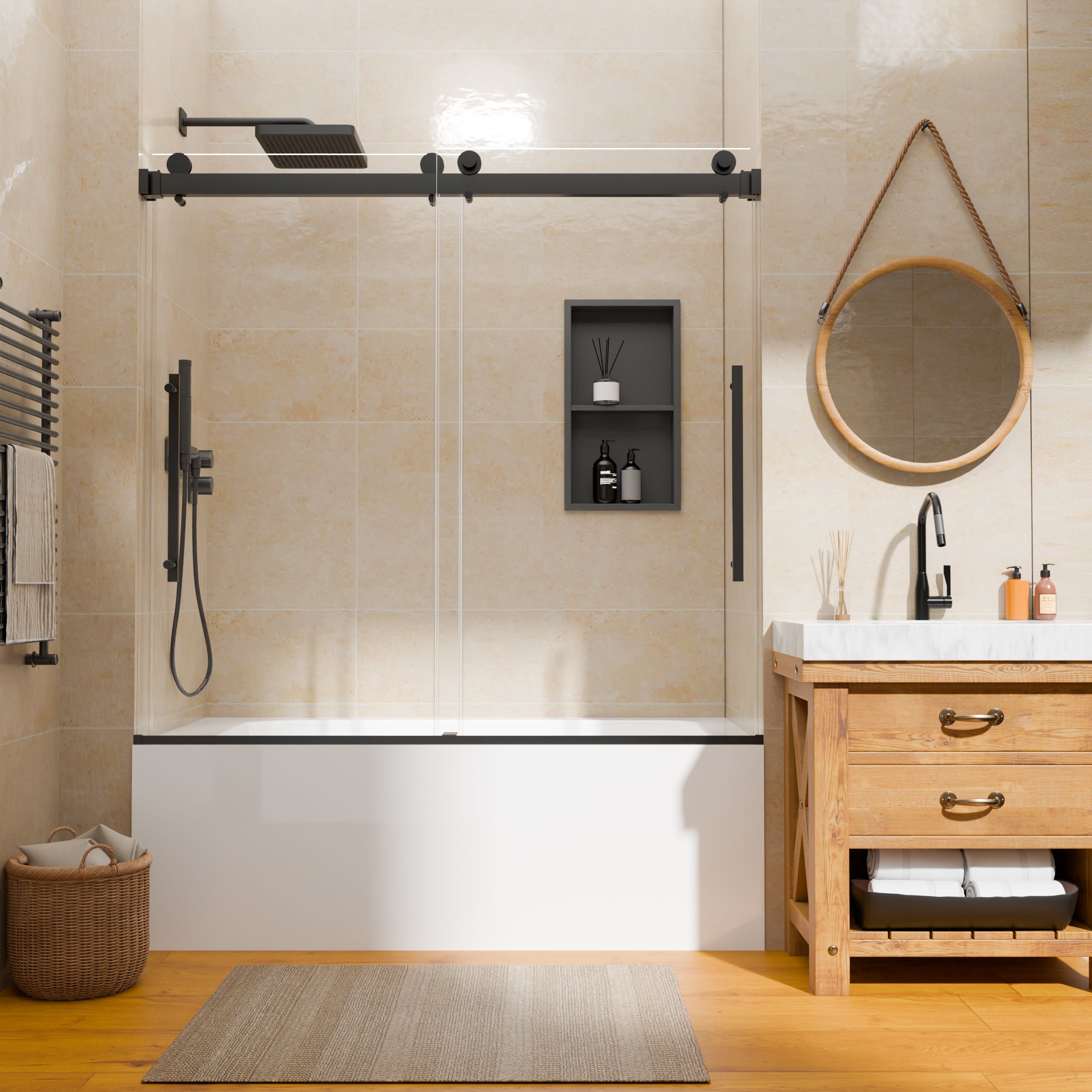 56–60" W x 58" H Semi-Frameless Double Sliding Bathtub Shower Door, Matte Black, 1/4" Clear Tempered Glass
