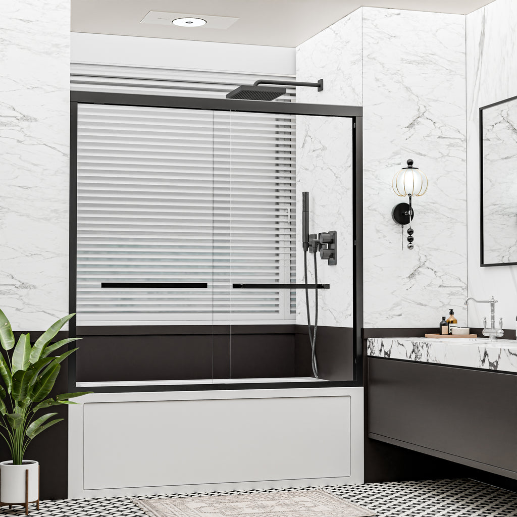 56"–60" x 58" Framed Sliding Bathtub Shower Door, Matte Black, 6mm Clear Tempered Glass, SGCC Certified