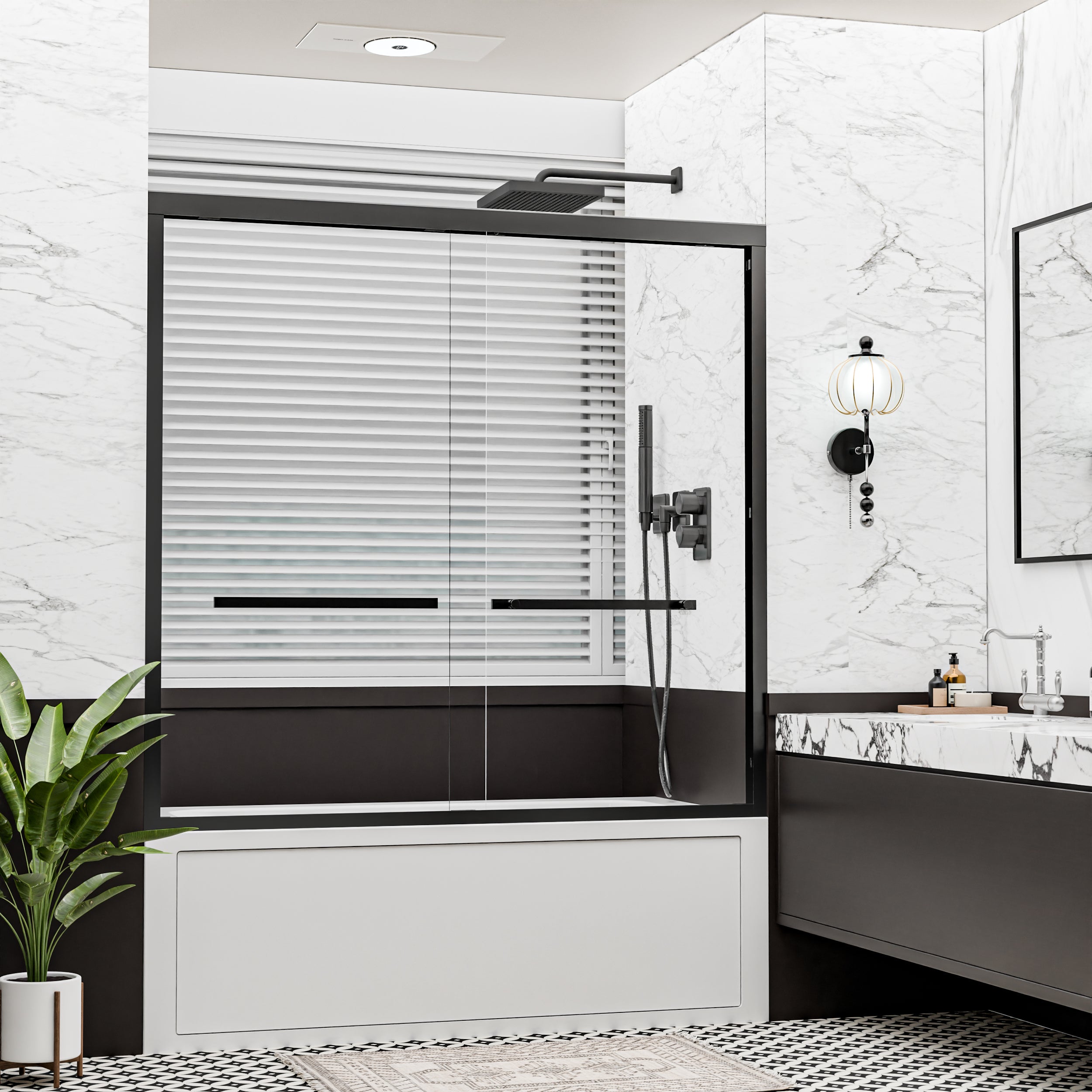 56"–60" x 58" Framed Sliding Bathtub Shower Door, Matte Black, 6mm Clear Tempered Glass, SGCC Certified