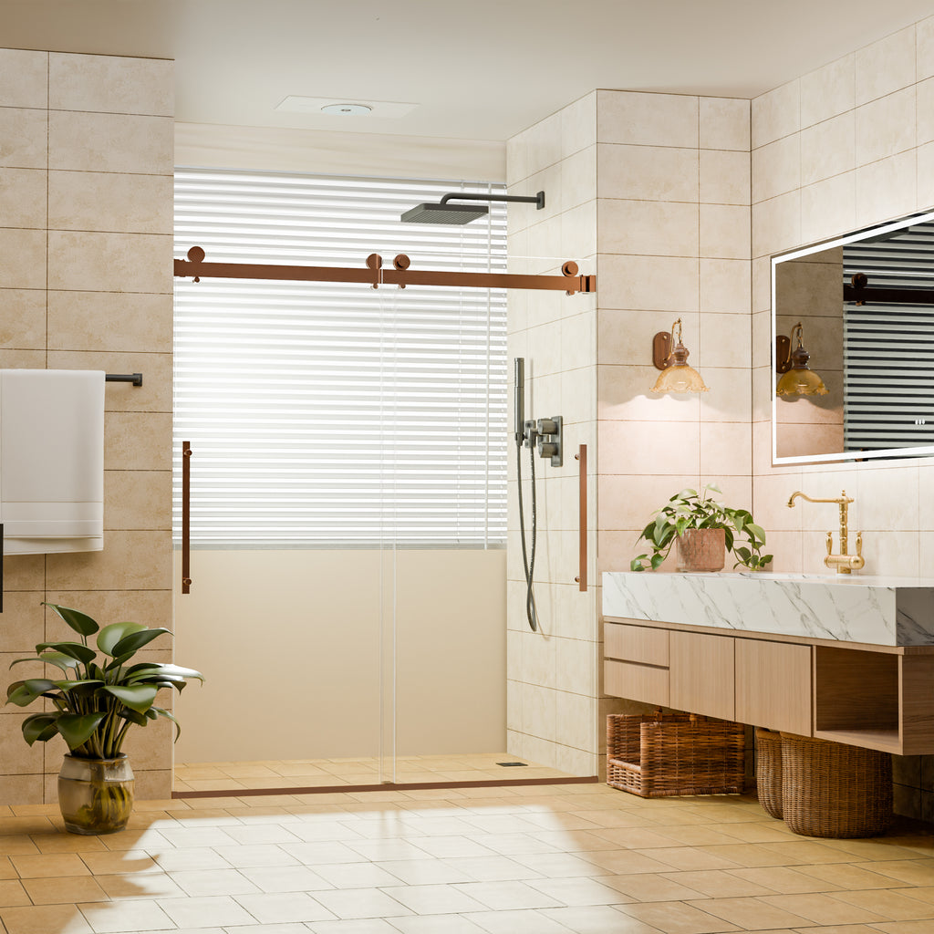 44–48" W x 74" H Semi-Frameless Double Sliding Shower Door, Brushed Bronze, 1/4" Clear Tempered Glass
