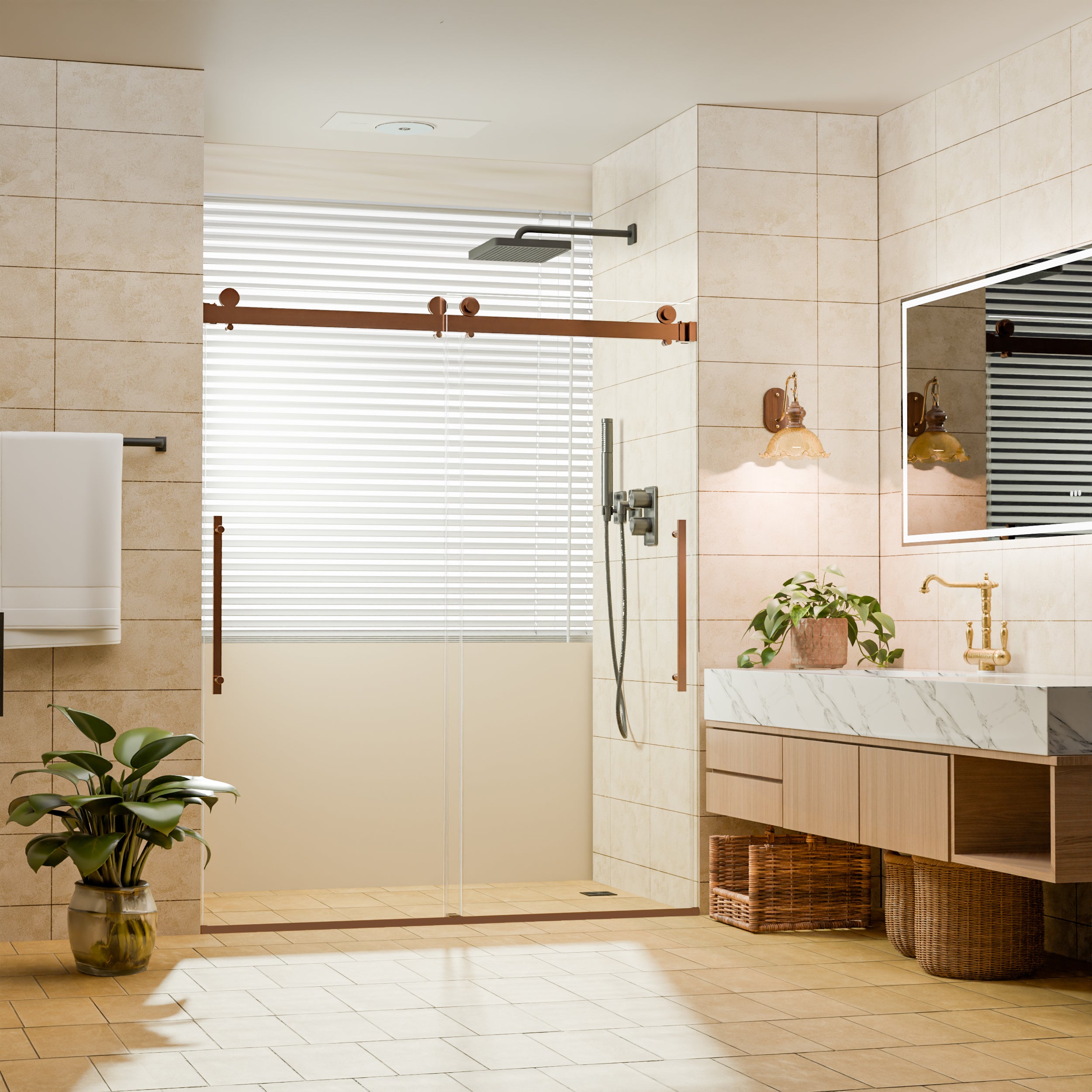 56–60" W x 74" H Semi-Frameless Double Sliding Shower Door, Brushed Bronze, 1/4" Clear Tempered Glass
