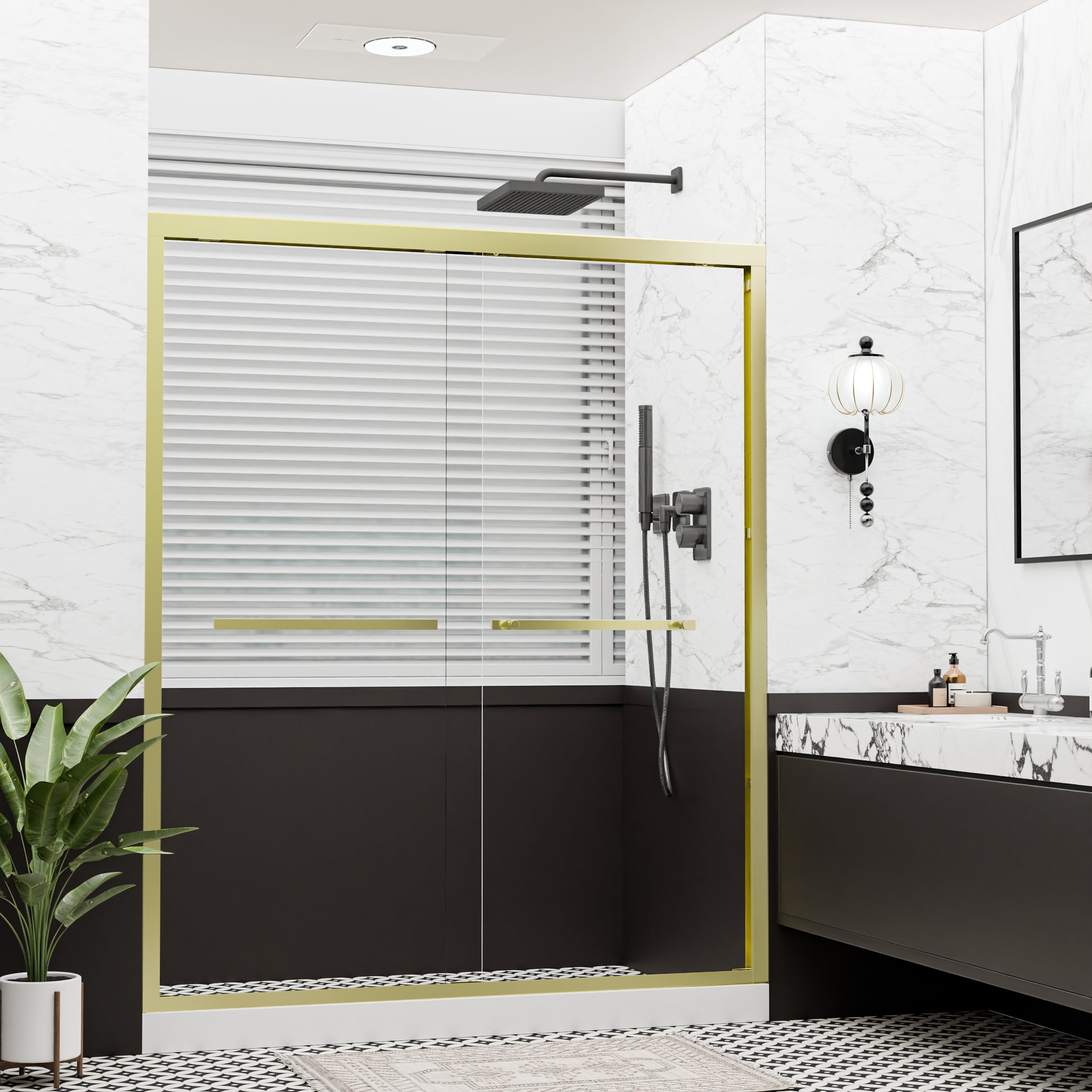 56"–60" x 72" Double Sliding Framed Shower Door, Brushed Gold, 6mm Clear Tempered Glass, SGCC Certified