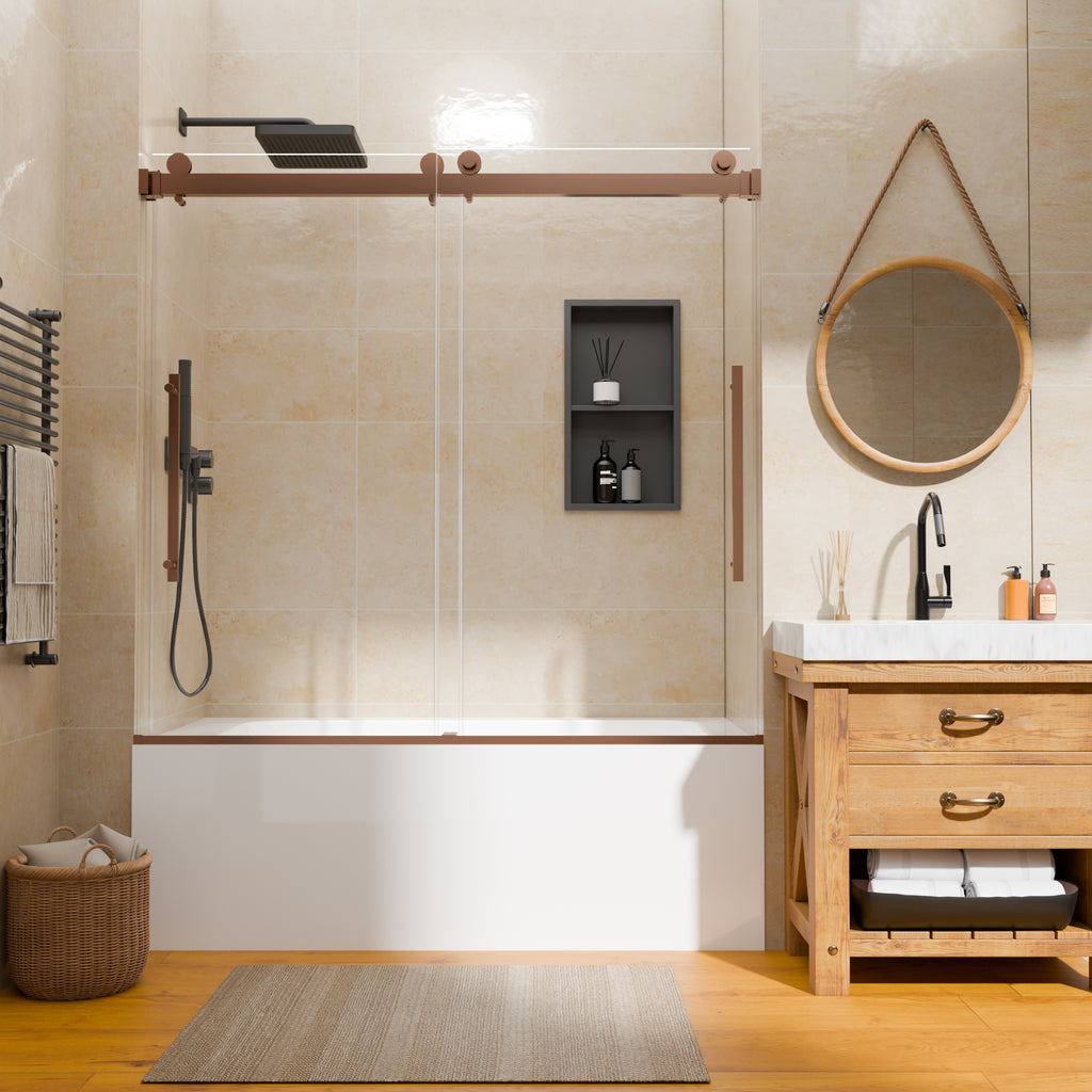 56–60" W x 58" H Semi-Frameless Double Sliding Bathtub Shower Door, Brushed Bronze, 1/4" Clear Tempered Glass