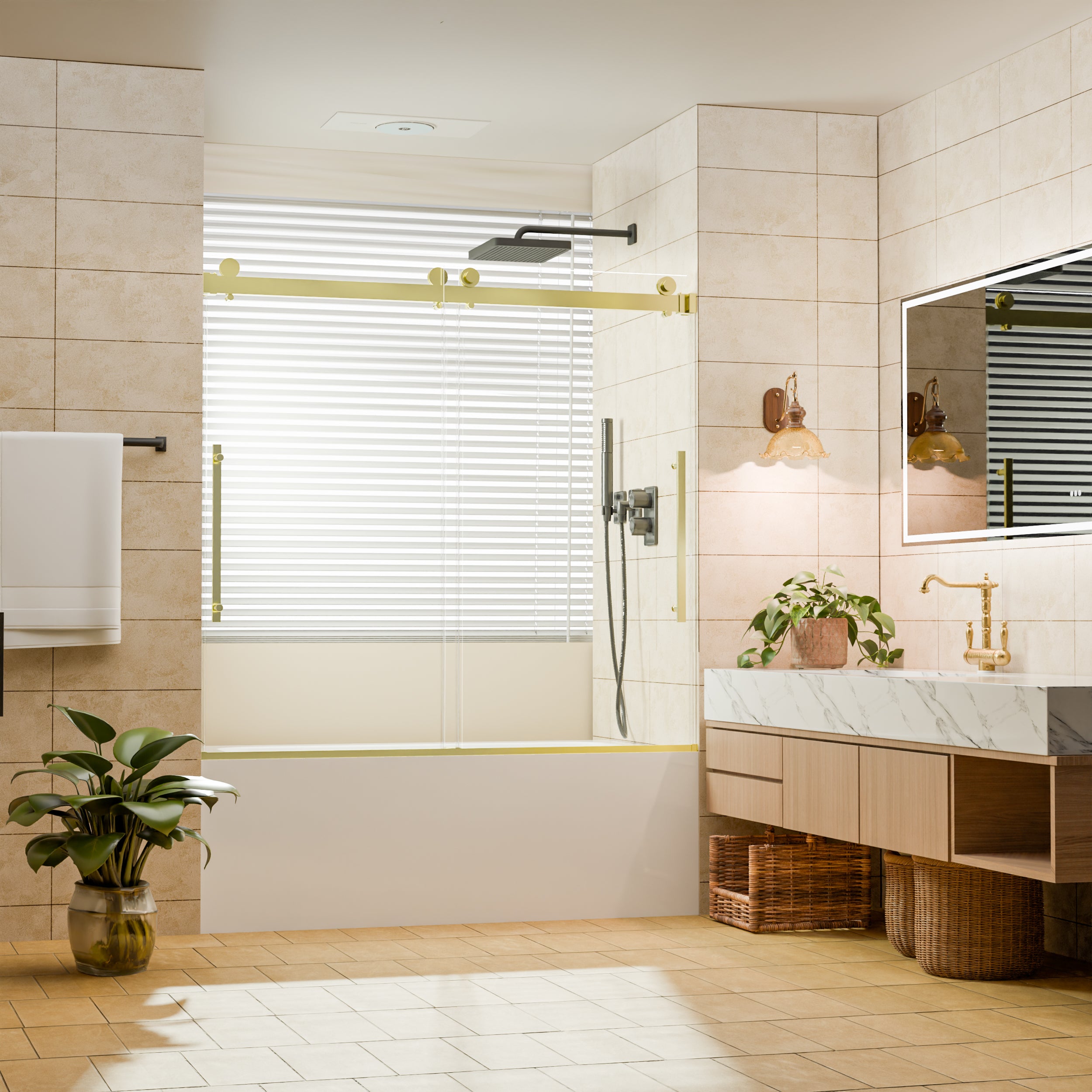 56–60" W x 58" H Semi-Frameless Double Sliding Bathtub Shower Door, Brushed Gold, 1/4" Clear Tempered Glass