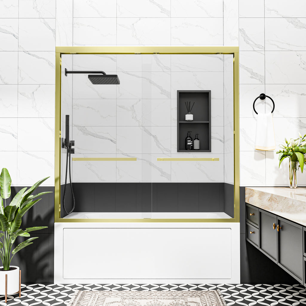 56"–60" x 58" Framed Sliding Bathtub Shower Door, Brushed Gold, 6mm Clear Tempered Glass, SGCC Certified