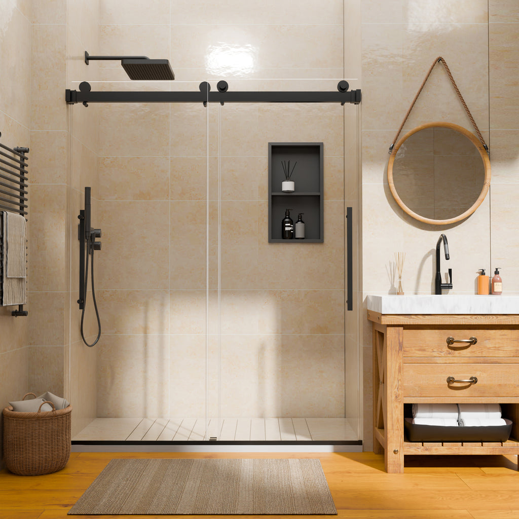 44–48" W x 74" H Semi-Frameless Double Sliding Shower Door, Matte Black, 1/4" Clear Tempered Glass