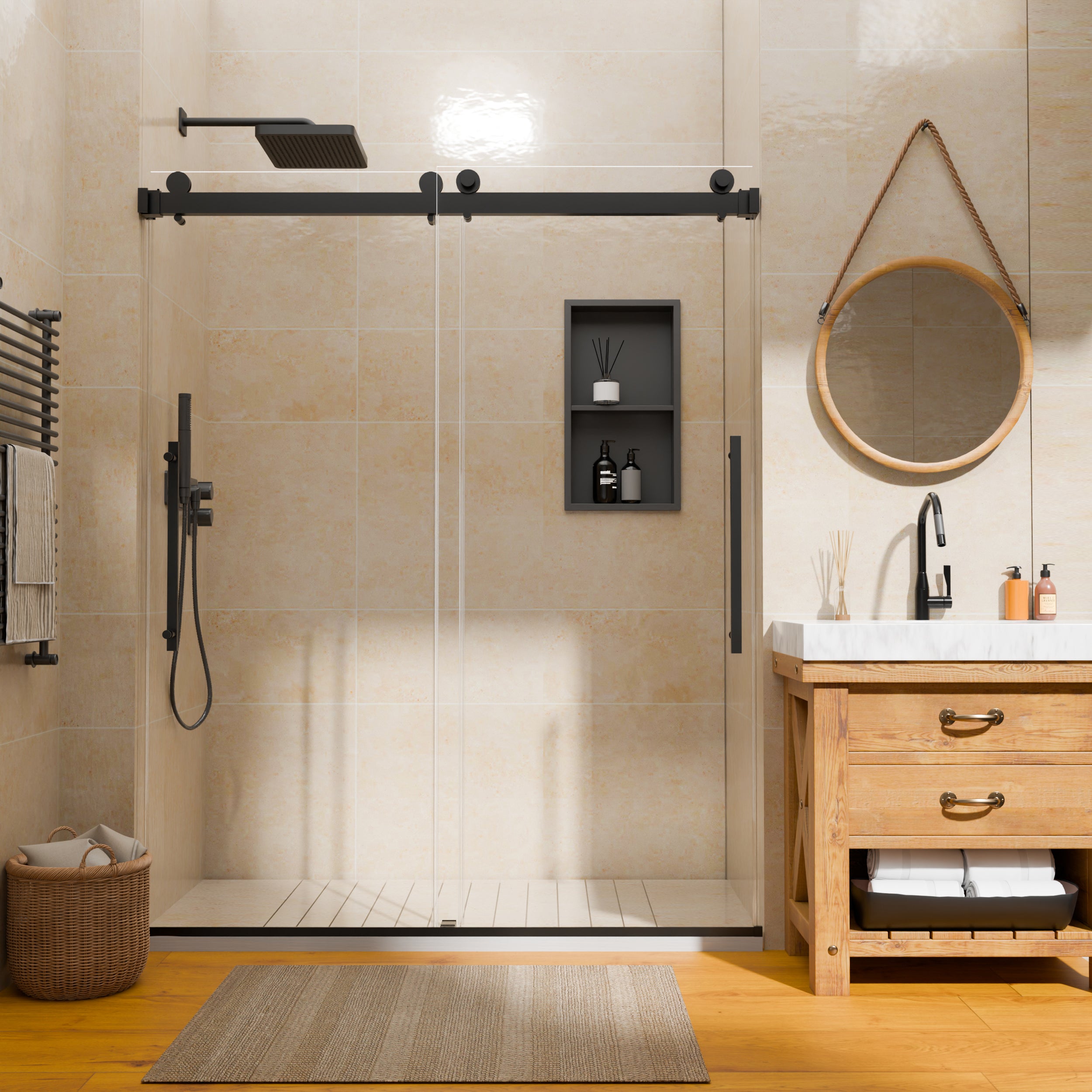 44–48" W x 74" H Semi-Frameless Double Sliding Shower Door, Matte Black, 1/4" Clear Tempered Glass