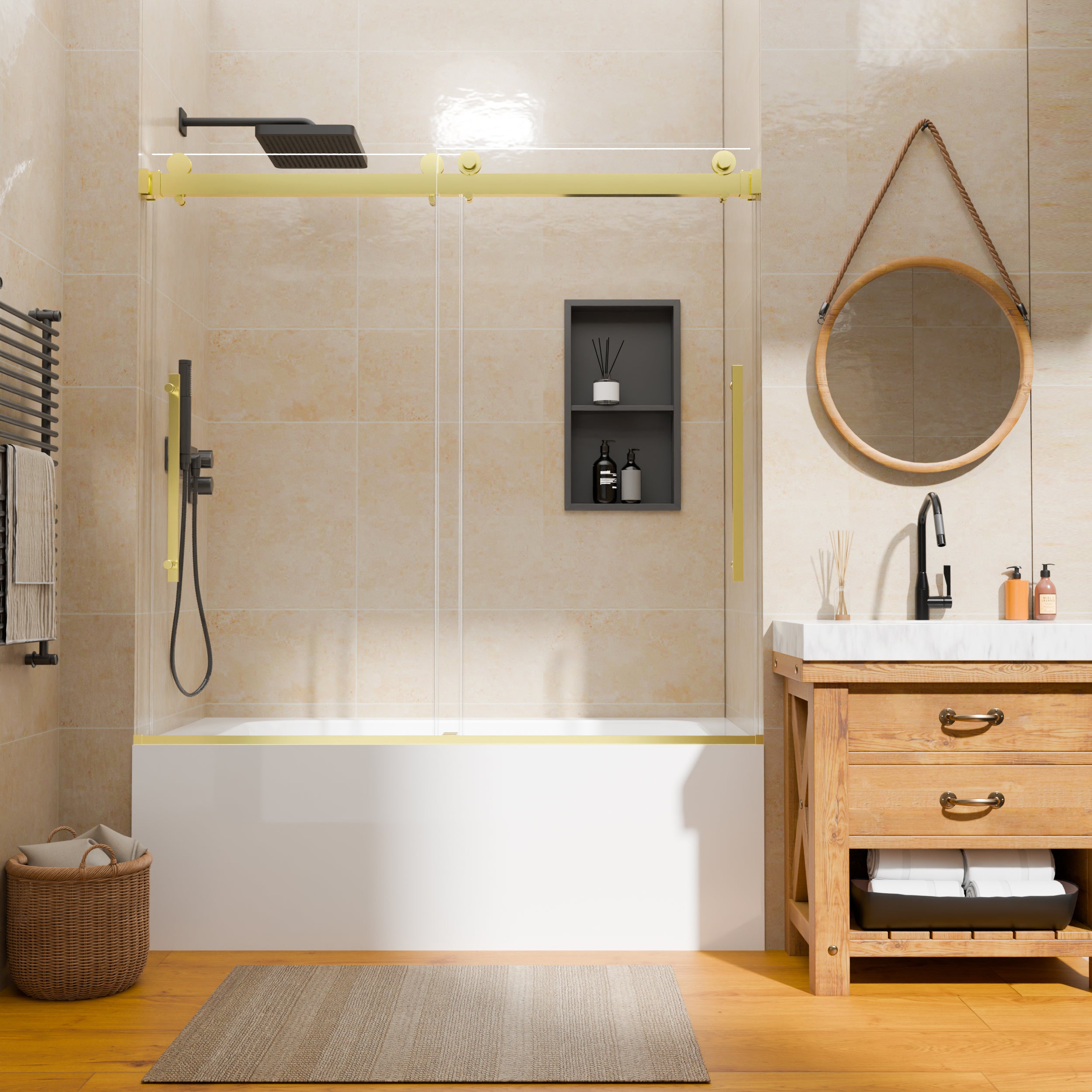 56–60" W x 58" H Semi-Frameless Double Sliding Bathtub Shower Door, Brushed Gold, 1/4" Clear Tempered Glass