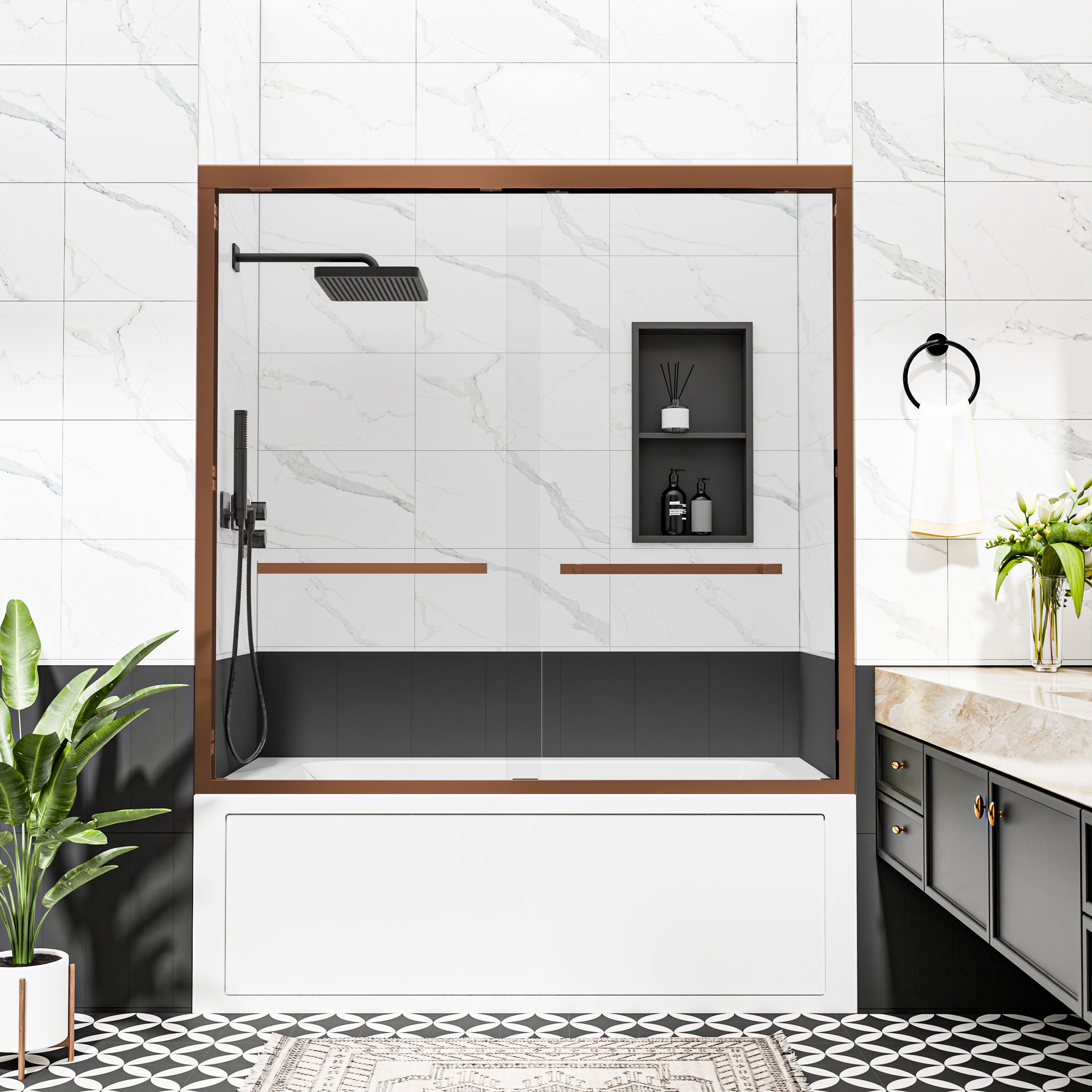 56"–60" x 58" Framed Sliding Bathtub Shower Door, Brushed Bronze, 6mm Clear Tempered Glass, SGCC Certified