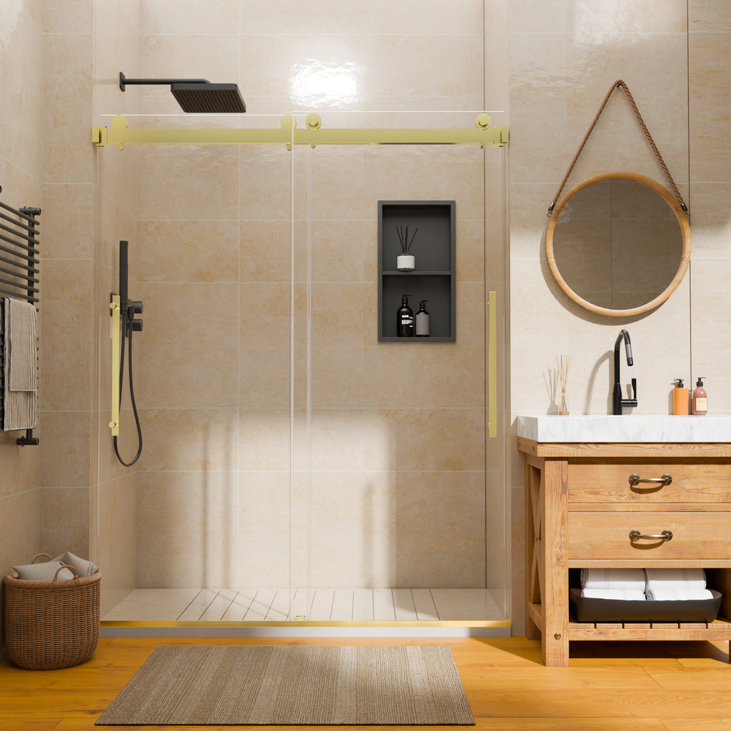 44–48" W x 74" H Semi-Frameless Double Sliding Shower Door, Brushed Gold, 1/4" Clear Tempered Glass