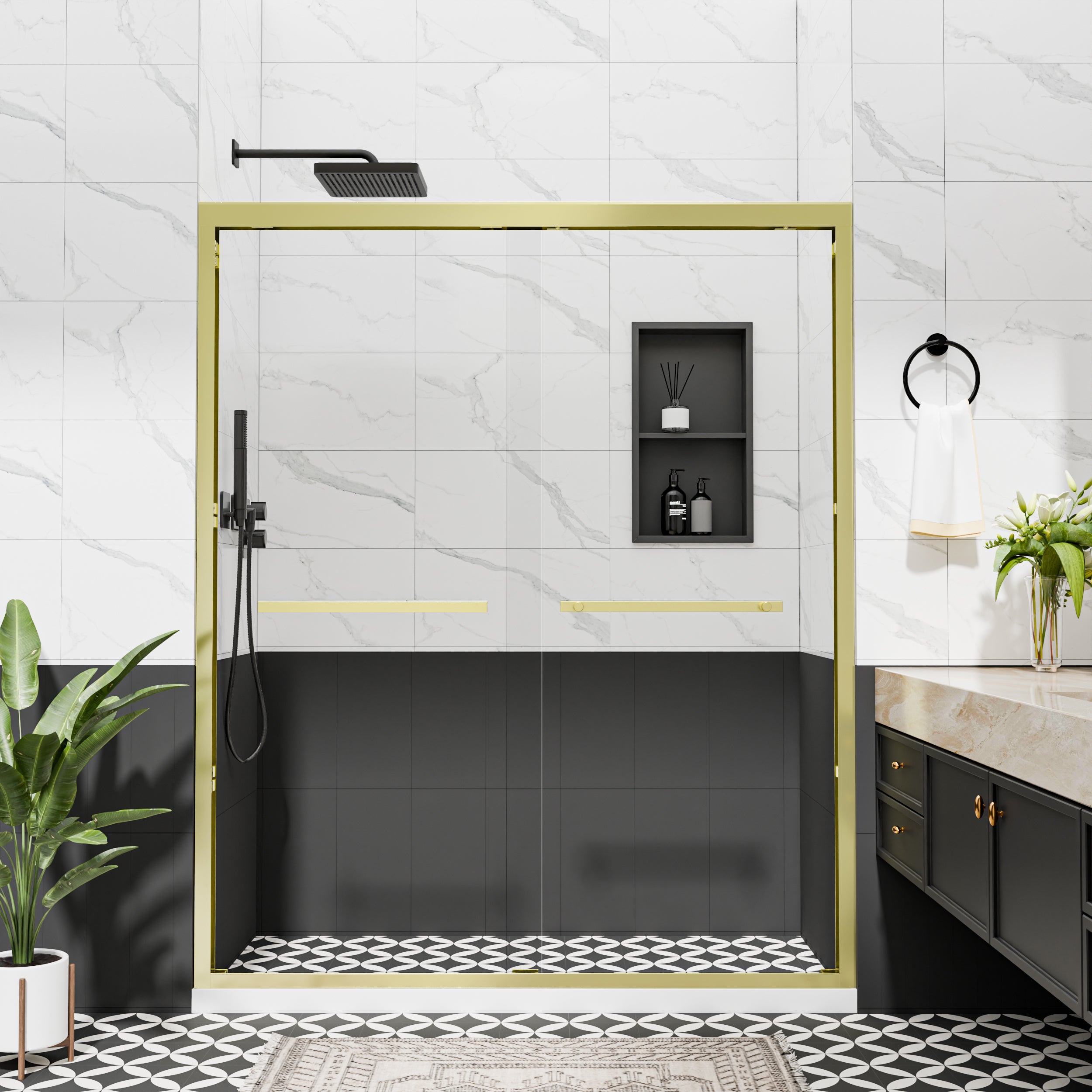 56"–60" x 72" Double Sliding Framed Shower Door, Brushed Gold, 6mm Clear Tempered Glass, SGCC Certified
