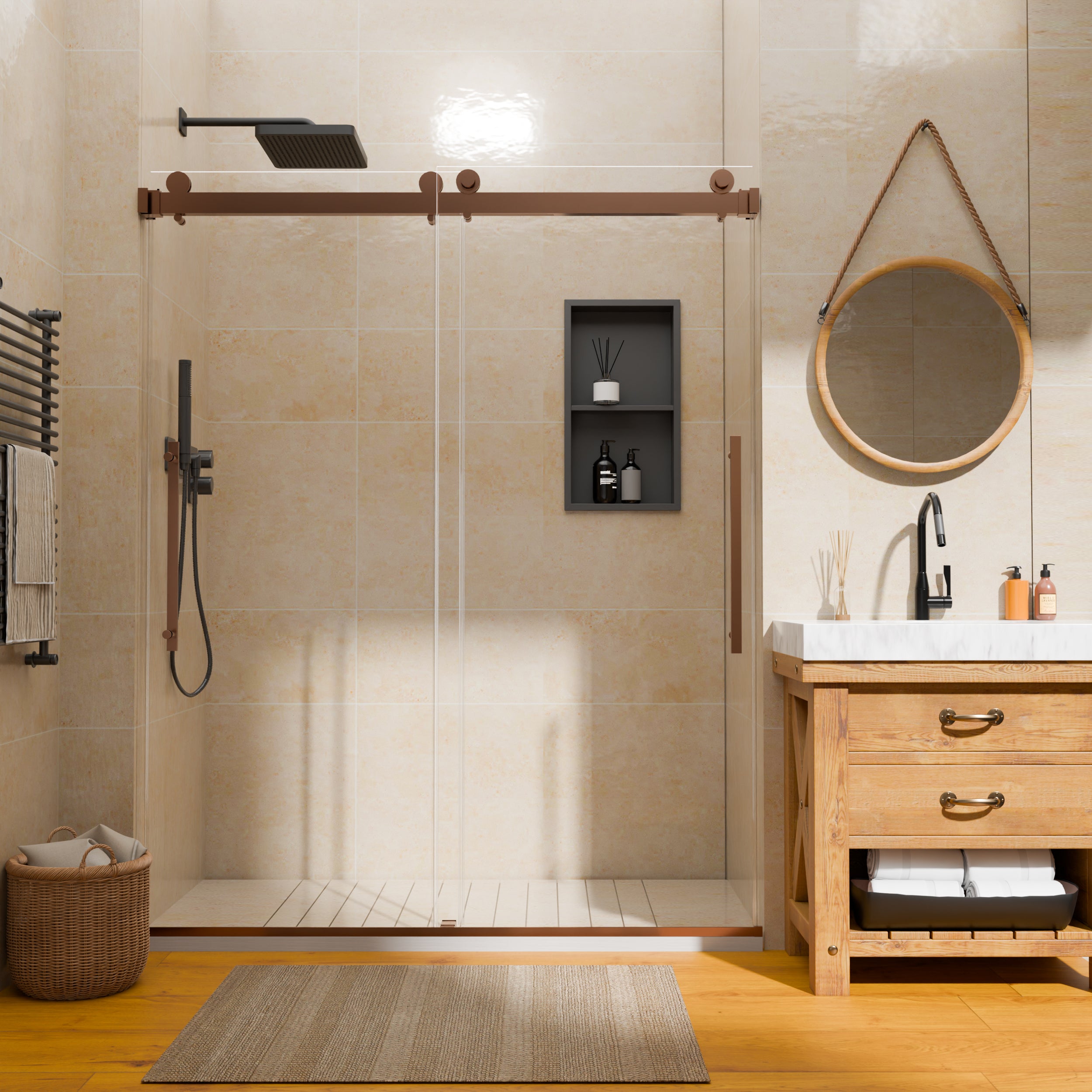 50–54" W x 74" H Semi-Frameless Double Sliding Shower Door, Brushed Bronze, 1/4" Clear Tempered Glass