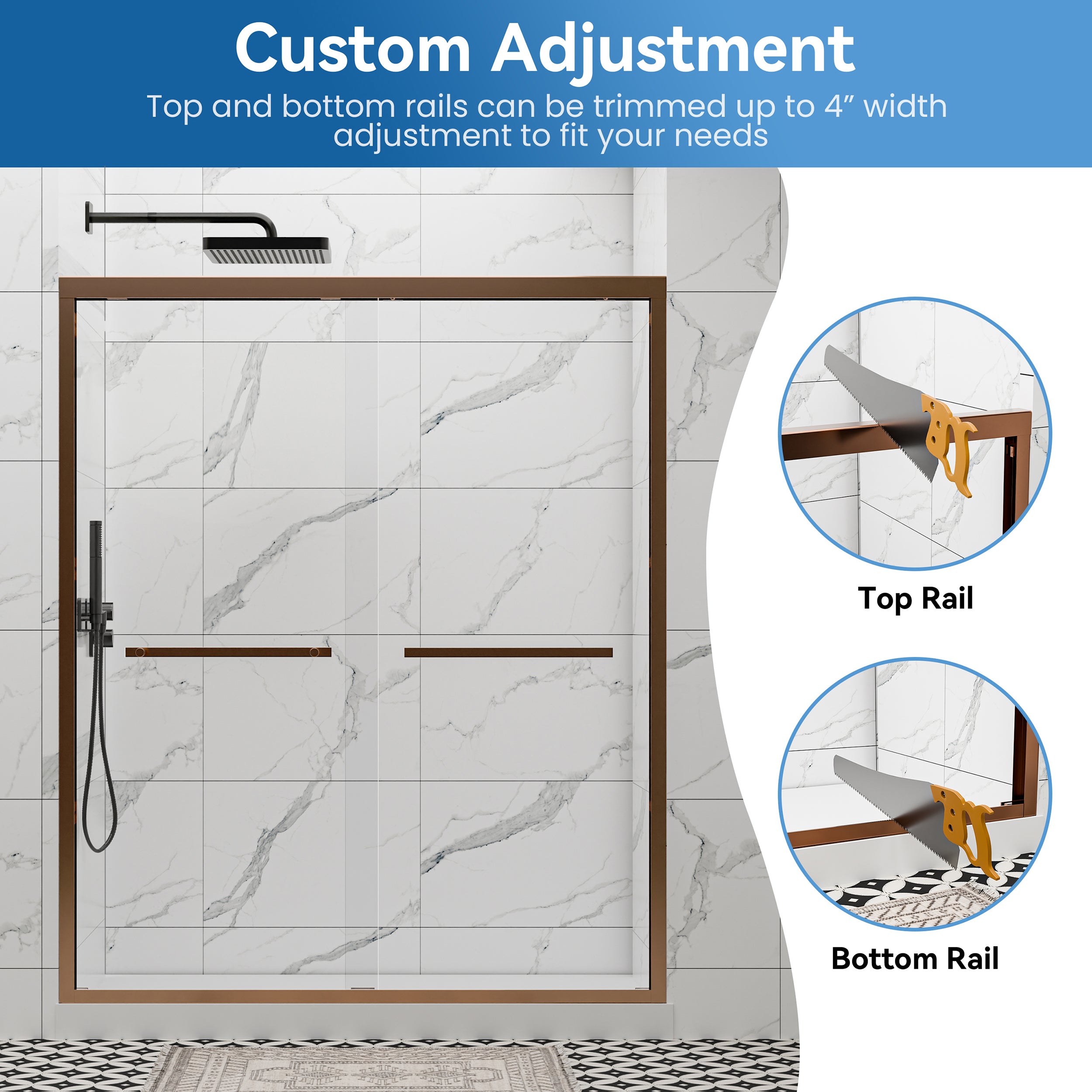 56"–60" x 72" Double Sliding Framed Shower Door, Brushed Bronze, 6mm Clear Tempered Glass, SGCC Certified
