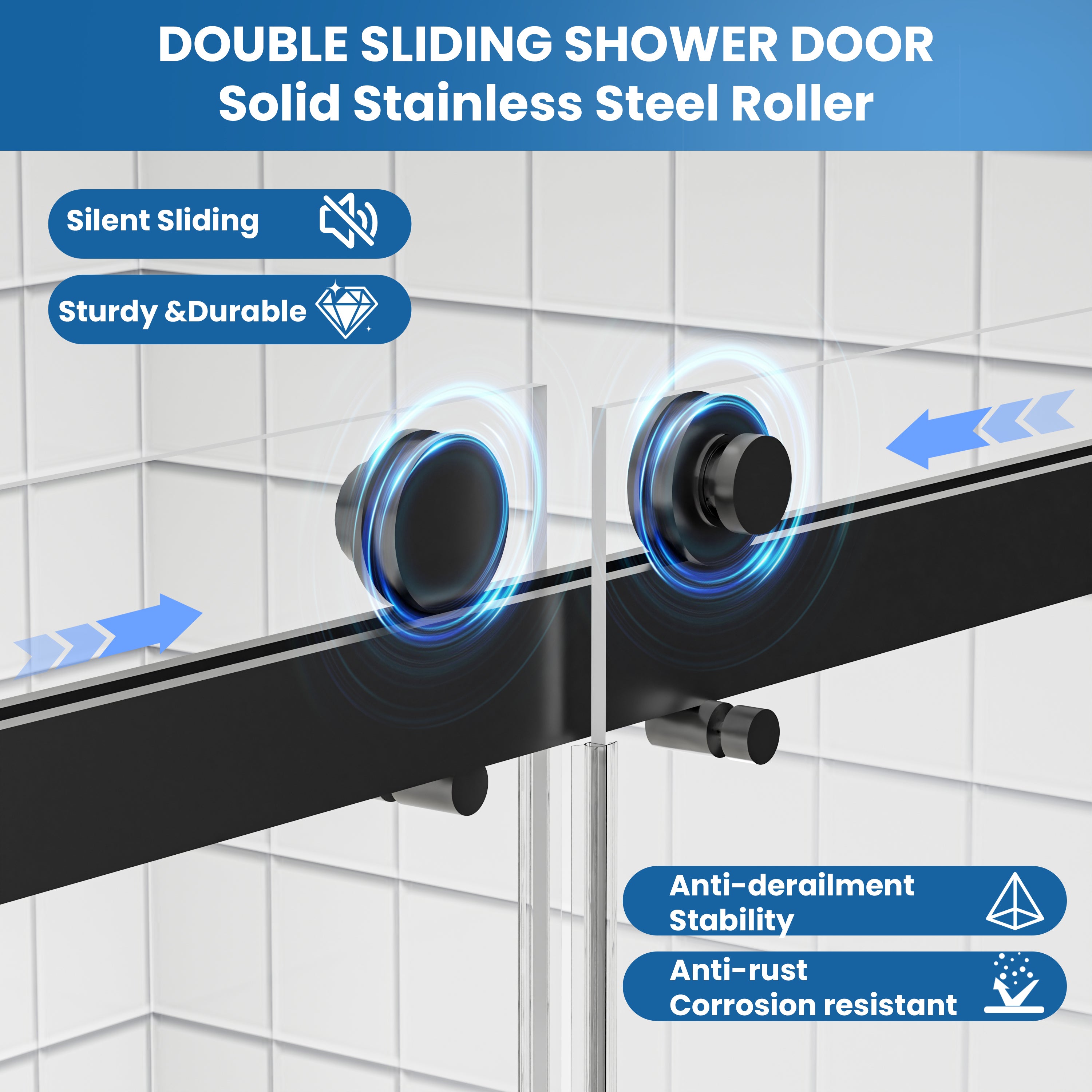 44–48" W x 74" H Semi-Frameless Double Sliding Shower Door, Matte Black, 1/4" Clear Tempered Glass