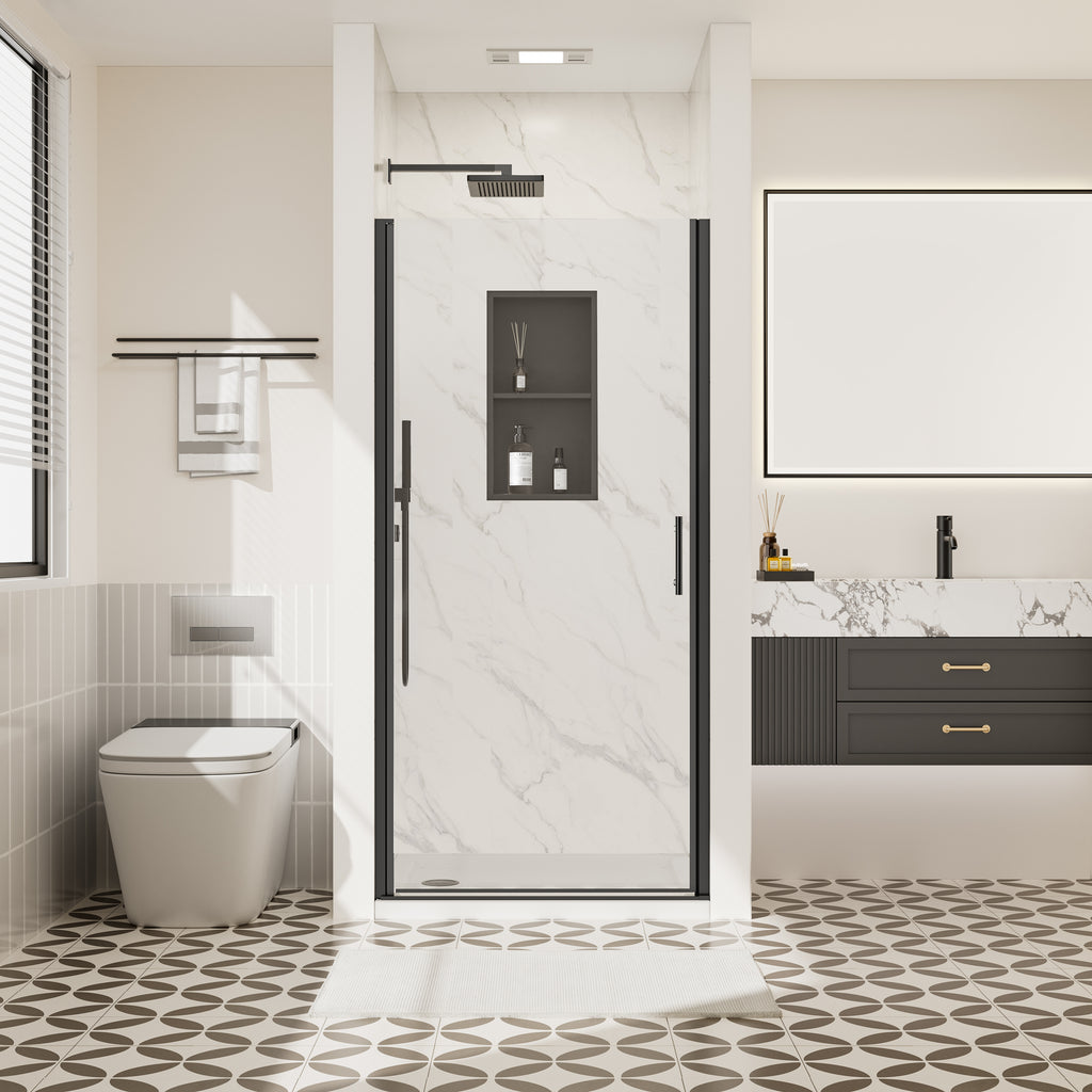 32-33 In. W X 72 In. H Frameless Pivot Swing Shower Door with Matte Black Frame and Nano-Coated Clear Tempered Glass