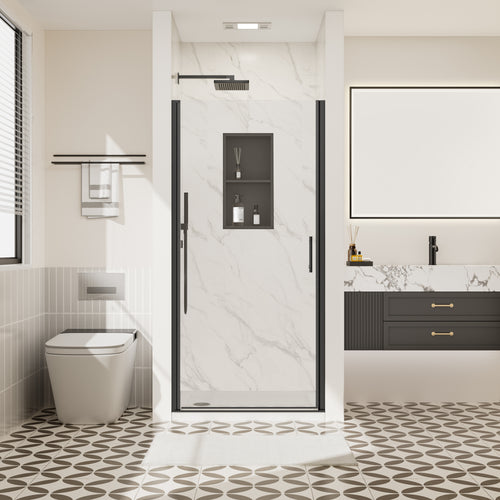 30–31 In. W x 72 In. H Frameless Pivot Swing Shower Door with Matte Black Frame and Nano-Coated Clear Tempered Glass