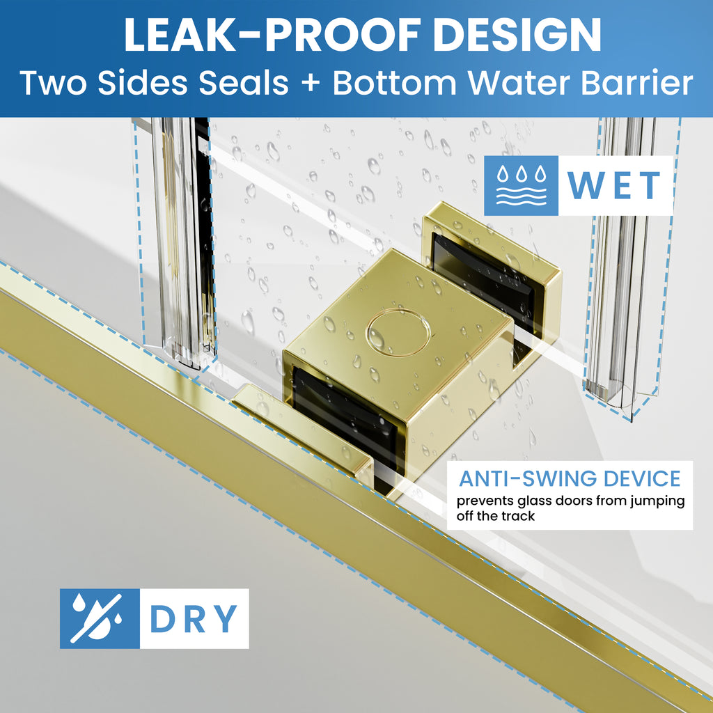 56–60" W x 58" H Semi-Frameless Double Sliding Bathtub Shower Door, Brushed Gold, 1/4" Clear Tempered Glass