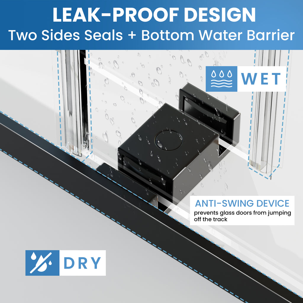 44–48" W x 74" H Semi-Frameless Double Sliding Shower Door, Matte Black, 1/4" Clear Tempered Glass
